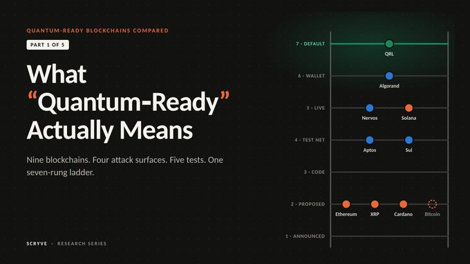 An infographic titled 'What "Quantum-Ready" Actually Means' from Scryve comparing nine blockchains on a seven-stage ladder from Announced to Default, showing QRL, Algorand, Nervos, Solana, Aptos, Sui, Ethereum, XRP, Cardano, and Bitcoin.