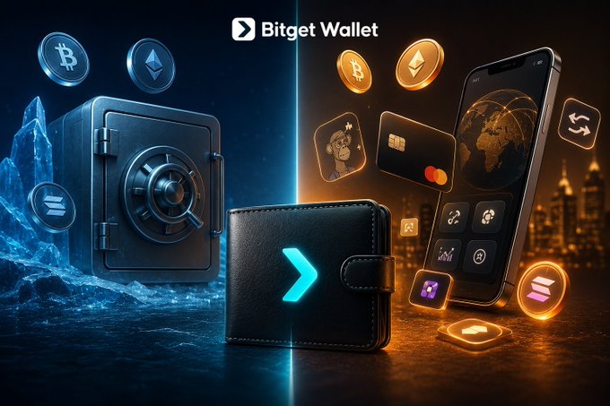 The image is a split-screen promotional graphic for Bitget Wallet, contrasting a blue-tinted cold wallet (a physical safe surrounded by Bitcoin, Ethereum, and Solana coins) on the left with an orange-tinted hot wallet (a smartphone displaying a digital wallet interface with credit cards, NFTs, and app icons) on the right, with a central wallet featuring the Bitget logo bridging the two concepts.