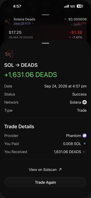 A Phantom wallet transaction confirmation showing a successful trade of 0.008 SOL for 1,631.06 DEADS on the Solana network on Sep 24, 2026.