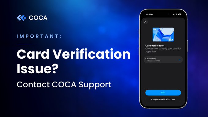 An informational graphic from COCA addressing a 'Card Verification Issue,' instructing users to contact COCA support, with a phone screenshot showing a card verification interface.