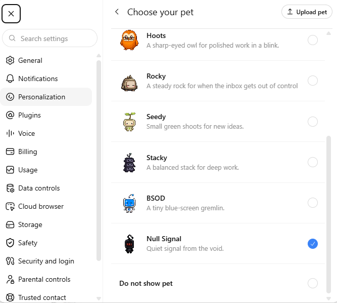 A settings panel showing pet options for an AI assistant, including Hoots (owl), Rocky, Seedy, Stacky, BSOD, and Null Signal (currently selected). The image illustrates the "pets" feature the poster is referencing, highlighting the absence of associated cryptocurrency tokens that could be used for speculation.