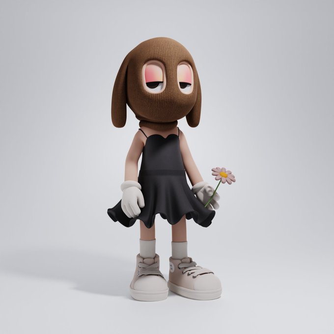 A 3D character model of a cute figure with a brown knit hood featuring droopy dog-like ears, wearing a black dress, white gloves, and sneakers while holding a pink daisy.