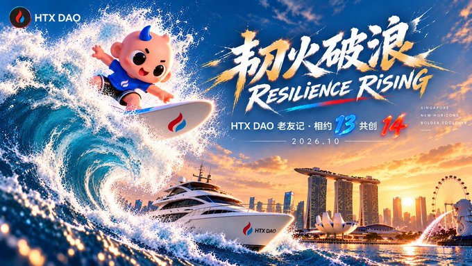 HTX DAO promotional graphic featuring a cartoon mascot surfing a wave with text '朝火破浪 Resilience Rising,' 'HTX DAO 老友记·相约13 共创14,' '2026.10,' and 'Singapore New Horizons Roundtable,' showing the Singapore skyline with Marina Bay Sands.