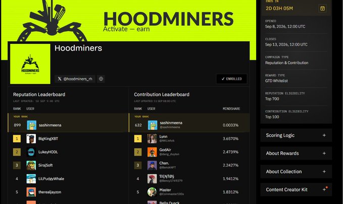 A 'HOODMINERS' platform screenshot showing Reputation and Contribution Leaderboards with users like sashimena and BigKingXBT.