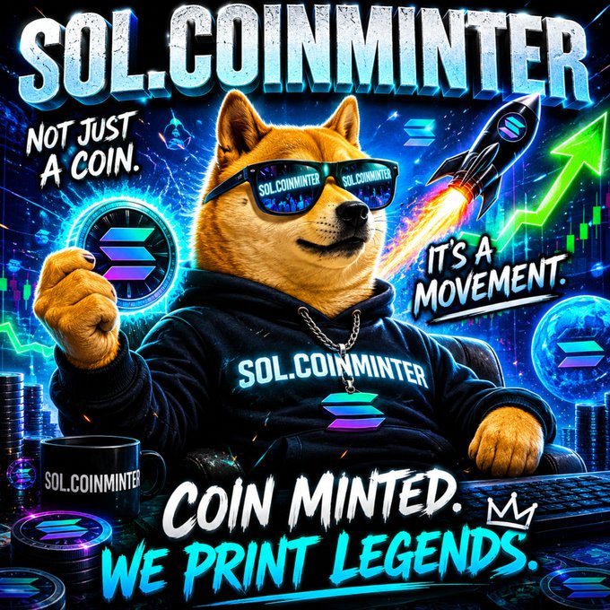 The image features a brown dog wearing sunglasses, sitting in front of a computer monitor with a keyboard and mouse nearby. The background includes a blue sky filled with stars and planets, as well as various coins scattered throughout the scene. The text "coin minted. We print legends." is written above the dog's head, suggesting that this image may be related to coin minting or digital currency in some way.

The post also mentions the term "solana" which could potentially be a reference to Bitcoin or another cryptocurrency.