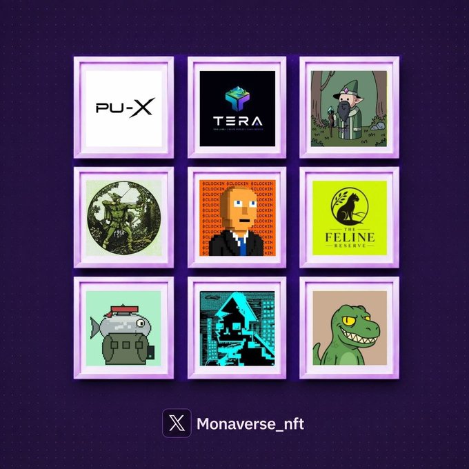 A 3x3 grid of framed NFT artwork images on a purple background, featuring logos for "PU-X", "TERA", a wizard, "$LOCKIN" with a pixelated figure, "THE FELINE RESERVE", a fish with a bomb, a pixelated house, and a dinosaur, with "Monaverse_nft" displayed at the bottom.