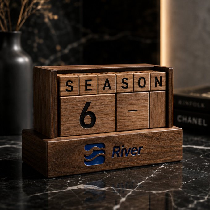 A wooden block calendar displaying 'SEASON 6' and a 'River' logo with a wave symbol, sitting on a marble surface.