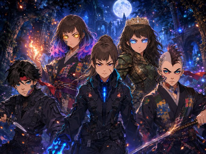 Five anime-style characters pose together at night with a full moon and castle in the background; one has glowing yellow eyes, another wears a crown and blue eyes, and the lead character holds a glowing blue blade.