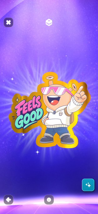 Mobile app screen displaying a 'Feels Good' sticker featuring a yellow character wearing sunglasses and a white hoodie on a purple cosmic background.