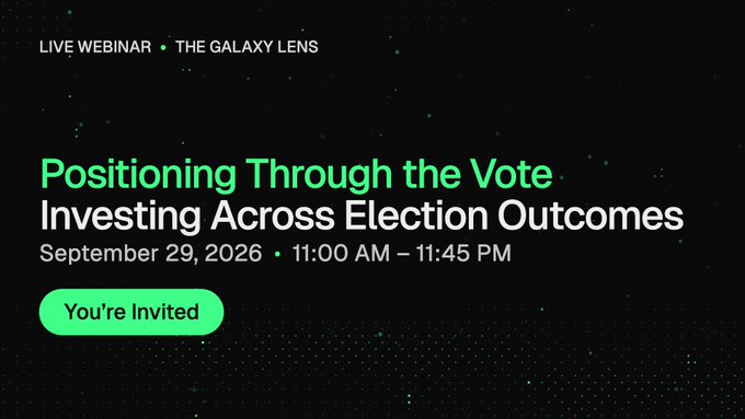 A promotional graphic for a 'LIVE WEBINAR • THE GALAXY LENS' titled 'Positioning Through the Vote: Investing Across Election Outcomes' on September 29, 2026, 11:00 AM – 11:45 PM, with a 'You're Invited' button.