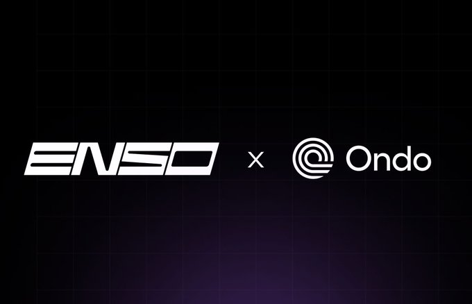 A dark promotional graphic displaying the logos 'ENSO' and 'Ondo' separated by an 'x', indicating a partnership.
