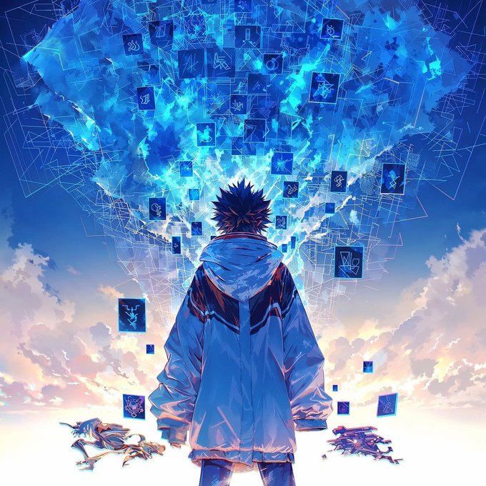 An anime-style illustration of a person in a blue jacket facing away toward a glowing blue portal in the sky filled with floating rune cards, with small dragon-like creatures at their feet.