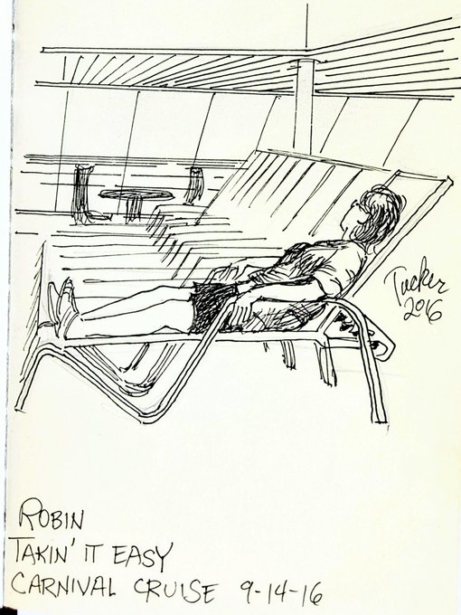 A pen sketch of a lounging figure labeled "Steve Stubbs," captioned "Addy — HsnK4WkKkGPb1Pmx7SDpr7F8KaVMWmEQfPXU5SqVquny — Sent," with the message "Robin: Takin' it Easy, Carnival Cruise 9-14-16" identifying the sketch as a quick portrait of the author relaxing on a cruise, shared alongside a link to Steve's page on objkt.com.