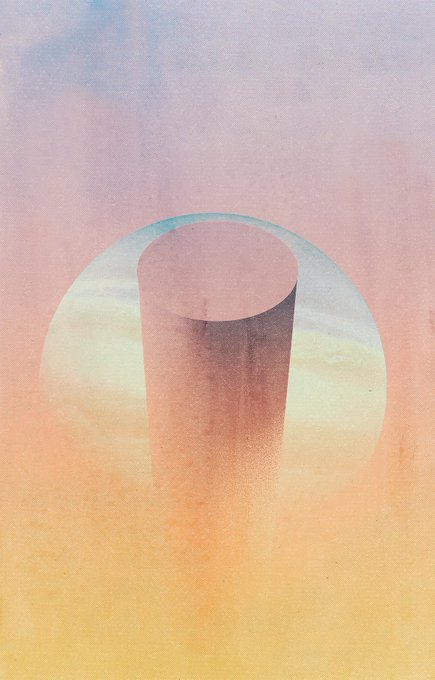 An abstract digital artwork featuring a pink cylindrical shape set against a gradient sunset background with a circular halo.