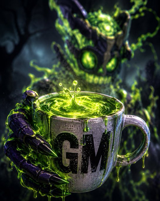 A dark fantasy digital artwork showing a skeletal hand holding a white coffee mug labeled 'GM' filled with glowing green liquid, set against a spooky background with a glowing-eyed monstrous figure.
