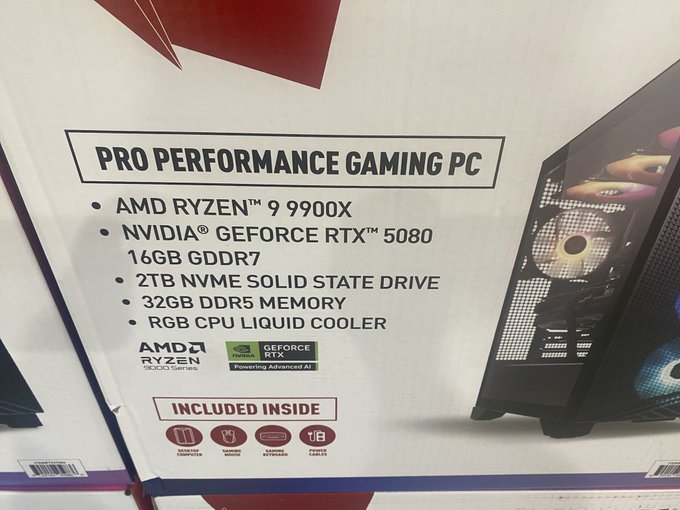 A retail box for a 'PRO PERFORMANCE GAMING PC' listing specs including 'AMD RYZEN 9 9900X', 'NVIDIA GEFORCE RTX 5080 16GB GDDR7', '2TB NVME SOLID STATE DRIVE', and '32GB DDR5 MEMORY', with an image of the black PC tower on the right.