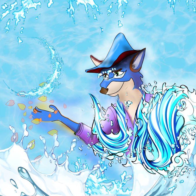 A digital illustration of an anthropomorphic blue wolf or fox character wearing a pointed hat and purple/white robes, surrounded by splashing water and floating colorful petals.