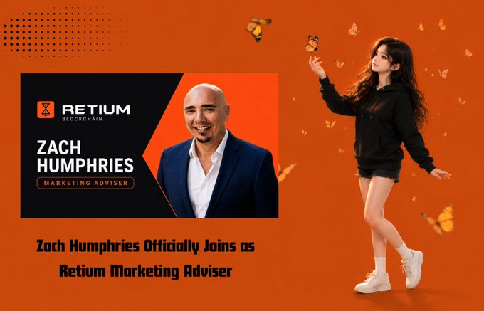 Promotional announcement graphic on an orange background featuring a photo of Zach Humphries alongside the "RETIUM BLOCKCHAIN" logo and text identifying him as "Marketing Adviser," paired with an illustration of a woman reaching toward butterflies. The caption "Zach Humphries Officially Joins as Retium Marketing Adviser" reinforces the post's announcement of his new role as official Marketing Adviser for Retium.