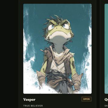 A character card from a video game titled 'Vesper' with the classification 'TRUE BELIEVER' and an 'OPEN' button, depicting an anthropomorphic frog-like creature wearing wrapped bandages and clothing.