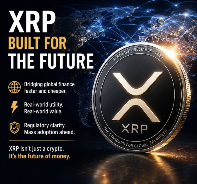 Promotional graphic for XRP cryptocurrency with the tagline "XRP BUILT FOR THE FUTURE," highlighting features like "Bridging global finance faster and cheaper," "Real-world utility," and "Regulatory clarity. Mass adoption ahead."