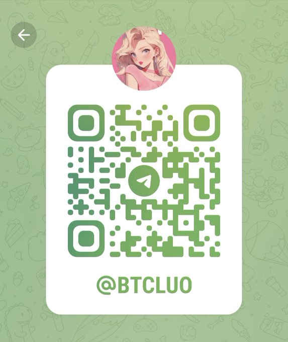 A Telegram QR code profile for '@BTCLUO' with an anime-style avatar on a green patterned background.