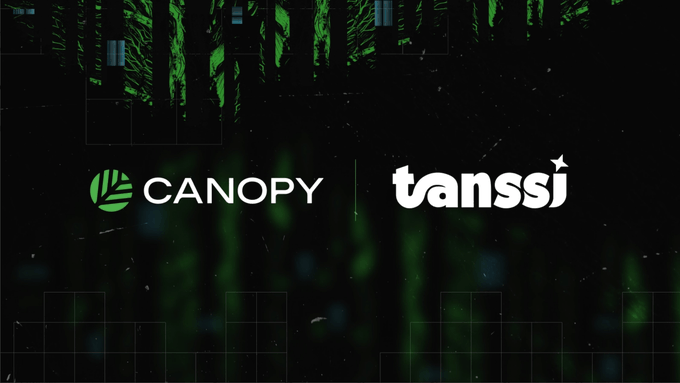 The image features a logo for Canopy, which is a company that creates networks called @CNPYNetwork. The logo includes a green leaf design with the word "Canopy" written below it. Below the logo, there's text that reads "Tanssi". This suggests that the image might be related to a partnership between Canopy and Tanssi or could be part of an advertisement for their collaboration.