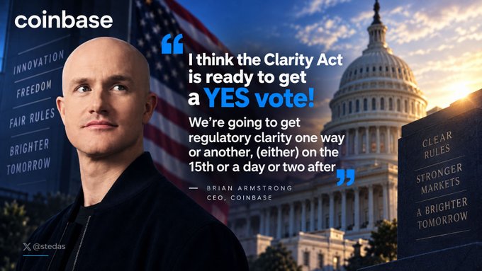 A Coinbase promotional graphic featuring CEO Brian Armstrong alongside a quote about the Clarity Act getting a 'YES vote' for regulatory clarity, with the U.S. Capitol building and American flag in the background.