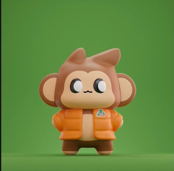 A 3D-rendered cartoon monkey character wearing an orange puffer jacket with a mushroom logo, set against a green background.