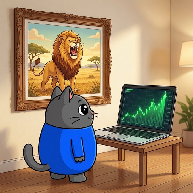 A cartoon cat in a blue hoodie watches a laptop displaying a sharply rising green chart, standing before a framed painting of a roaring lion on a savanna—symbolizing bullish momentum and fierce market energy for the $SMOLCAT token.