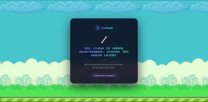 A pixel-art style maintenance screen from Sol Clash displays the message "SOL CLASH IS UNDER MAINTENANCE, PLEASE TRY AGAIN LATER!" with a small character graphic and a "Maintenance in progress" button, accompanied by a note that the team is working hard to improve the experience and will be back online shortly. The retro platformer-themed graphic reinforces the game's maintenance status announced in the accompanying post.