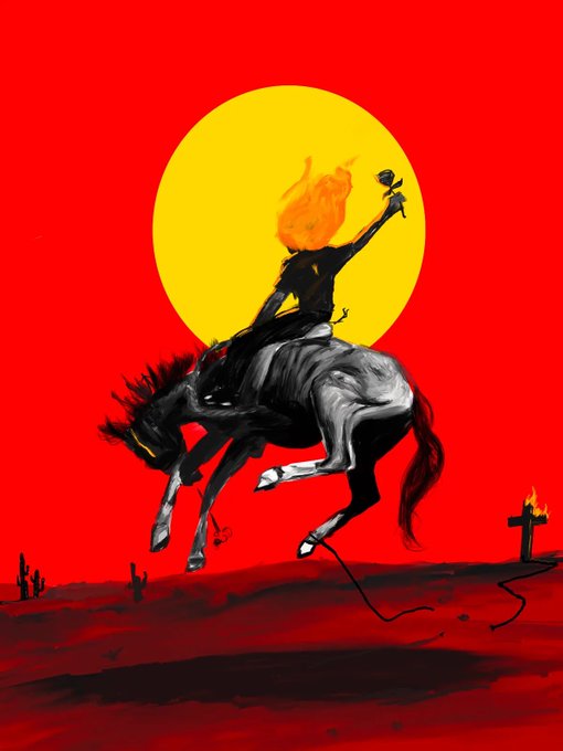A bold digital illustration of a figure with a flaming head riding a bucking horse against a bright red background and a large yellow sun.