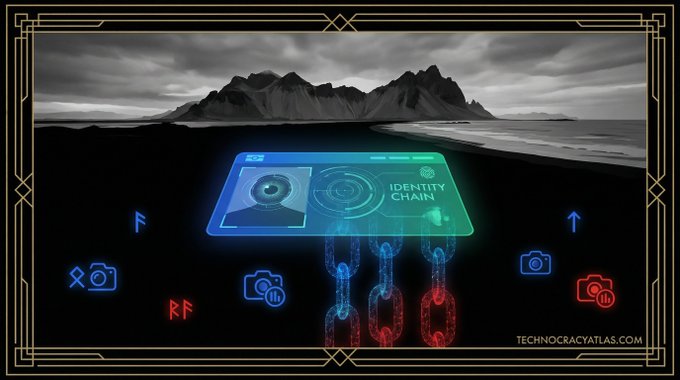 The image shows an "IDENTITY CHAIN" digital ID card displayed above interconnected blockchain-style chains against a dramatic Icelandic mountain landscape, with camera icons and "TECHNOCRACYATLAS.COM" watermark visible in the corner. The imagery directly illustrates the post's theme of Iceland serving as a prime testing ground for surveillance systems like the e-krona CBDC pilot, using its small, compliant population of 380,000 and high digital trust score of 41.4 as a controlled environment for digital identity and currency experiments.