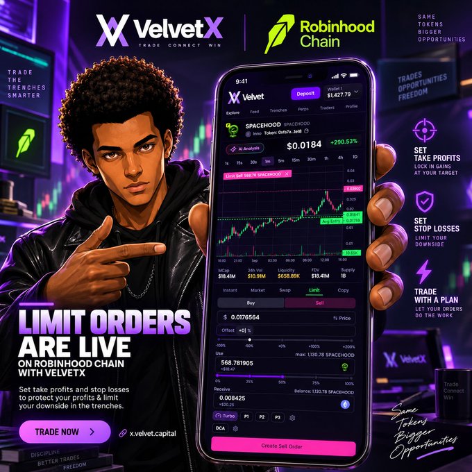 A promotional graphic for 'VelvetX' on 'Robinhood Chain' featuring a stylized cartoon man, with text 'LIMIT ORDERS ARE LIVE ON ROBINHOOD CHAIN WITH VELVETX' and a phone screen showing trading charts for the SPACEHOOD token.
