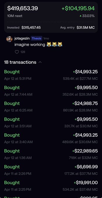 The main elements of this image include a cell phone showing an accounting page with data about investments, transactions, and amounts. The text on the image reads, "When people with $6-figure bags are still accumulating a coin at $30M or $40M, you should probably pay attention." This message may seem odd to many viewers, but it is likely meant as humor rather than advice in this context given that there are no other users of the app visible. The image is most likely a screenshot from someone's phone screen captured during their time using the app for accounting purposes.