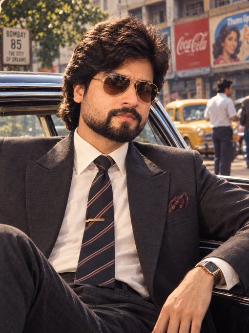 A bearded man in a suit, striped tie, and sunglasses poses beside a car with vintage Coca-Cola and 'Bombay 85' billboards in the background.