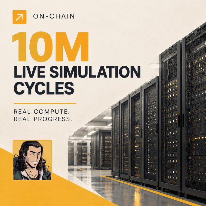 A promotional graphic announcing "10M LIVE SIMULATION CYCLES" on-chain, with the tagline "REAL COMPUTE. REAL PROGRESS." featuring a server room background and a cartoon character avatar.