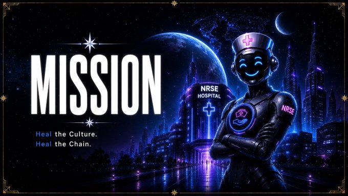 A futuristic robot nurse labeled "NRSE" stands before a glowing "NRSE HOSPITAL" and a sci-fi cityscape, with bold text reading "MISSION — Heal the Culture. Heal the Chain." The image reinforces the post's theme by visualizing how the $NRSE token carries the selfless, healing spirit of nurses into the crypto space, framing its mission as a long-term, utility-driven project.