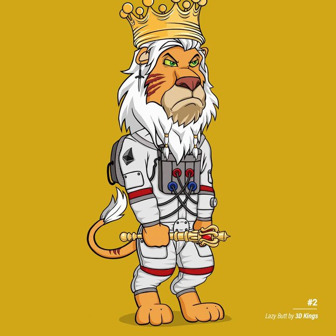 An NFT-style illustration titled 'Lazy Butt #2 by 3D Kings' depicts an anthropomorphic lion wearing a crown and white spacesuit, holding a scepter against a yellow background.