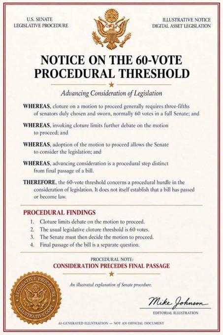 An illustrative digital notice titled 'NOTICE ON THE 60-VOTE PROCEDURAL THRESHOLD' detailing U.S. Senate legislative procedure, signed by Mike Johnson as an editorial illustration.