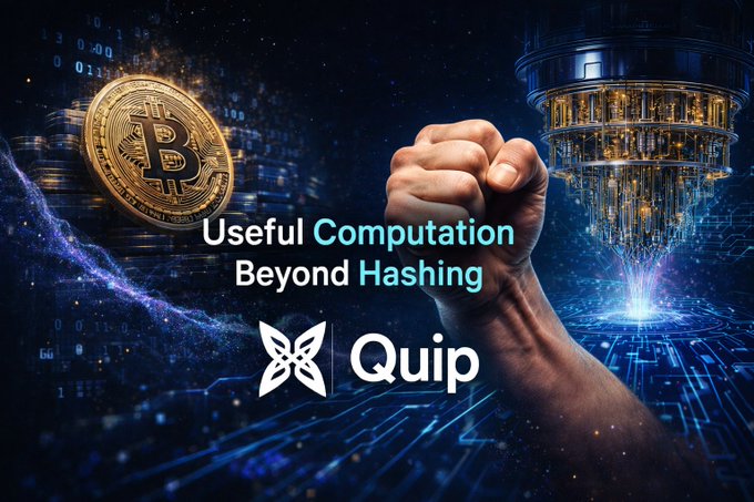 The image features a hand holding up a fist, with the text "Useful Computation Beyond Hashing" written above it. The background of the image shows a computer chip surrounded by blue lines, which could be interpreted as a representation of computing power or technology. The phrase "quip network" is also present in the image.