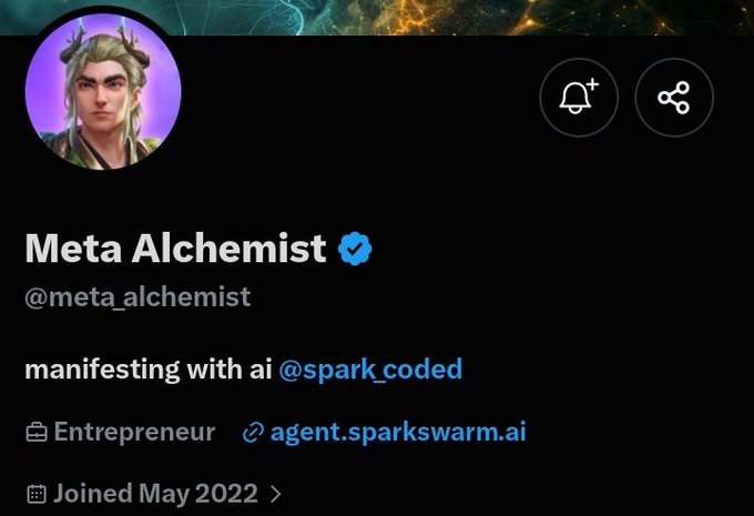 The image shows a Twitter/X profile for "Meta Alchemist" (@meta_alchemist), a verified entrepreneur associated with @spark_coded and agent.sparkswarm.ai who joined in May 2022. The profile appears as the source account being highlighted in a post about an upcoming free NFT mint called "Vibe Vibers" on the Robinhood Chain, where the Soulbound NFT can be charged through activity on the Vibe Vibe launchpad to earn $SFUN tokens.