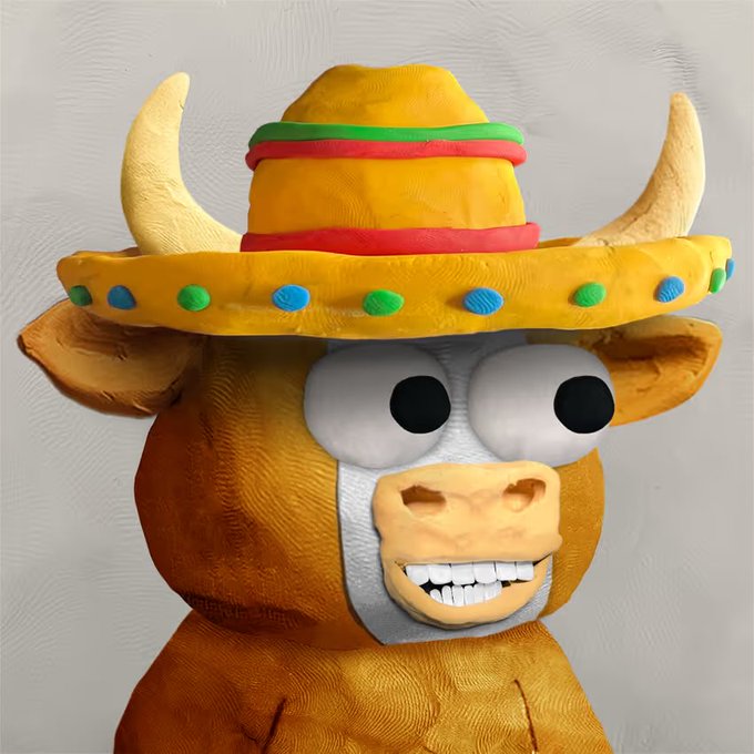 A 3D-rendered orange bull character wearing a colorful yellow sombrero with bull horns, green and red bands, and decorative dots, featuring googly eyes and a smiling expression.