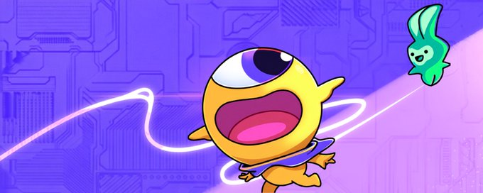 An animated graphic features a yellow cyclops character with an open mouth against a purple circuit-board patterned background, with a small green bunny-like creature to the right.