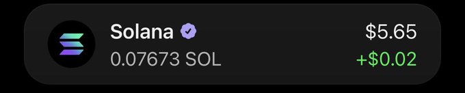 The image shows a Solana (SOL) token card displaying a price of $5.65 with a balance of 0.07673 SOL, indicating a gain of +$0.02. It relates to the giveaway post by visually reinforcing the $SOL cryptocurrency being requested, encouraging users to share their Solana wallets.