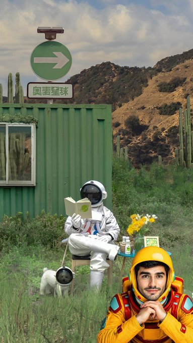 An astronaut sits reading a book by a green shipping container under a sign with Japanese text '氧害星球', while a man's face appears superimposed inside an orange spacesuit helmet in the foreground.