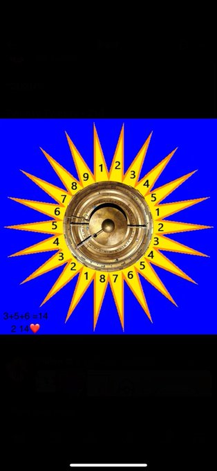 An image featuring a golden compass set against a blue background with yellow sun rays, numbered 1-9 around it, with the text "3+5=8 14" and "2.14 ❤️" visible. The compass imagery aligns with the post's reference to XRP, symbolizing direction or navigation in cryptocurrency.