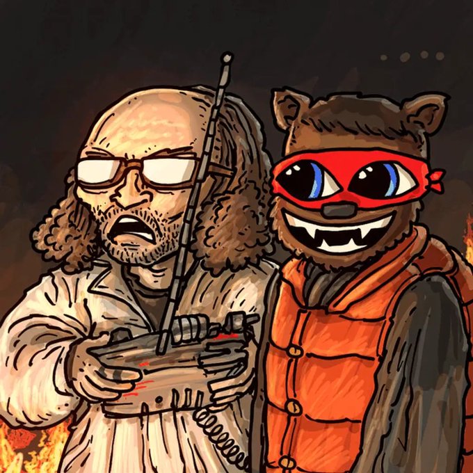 A digital illustration depicting two characters—a man operating a remote-controlled device and a furry brown creature in an orange vest—amidst a fiery background.