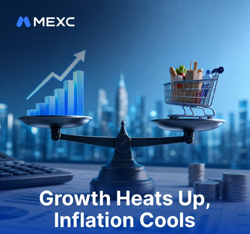 A promotional graphic for MEXC featuring a balance scale, a shopping cart with groceries on one side, and a rising bar chart on the other, with the text 'Growth Heats Up, Inflation Cools.'