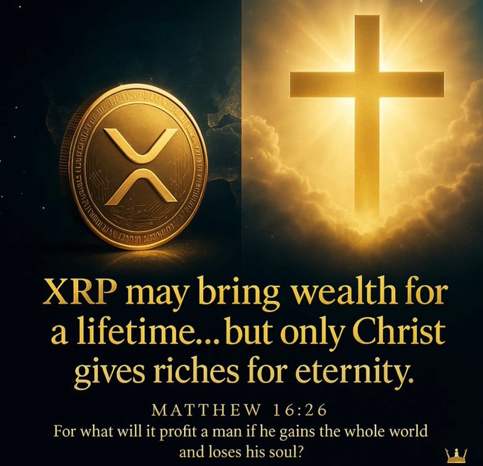 A religious-themed graphic featuring a golden XRP coin and a glowing cross with a Bible verse from Matthew 16:26, conveying a faith-based message that pairs spiritual blessings with the post's Sunday wishes to the XRP community.