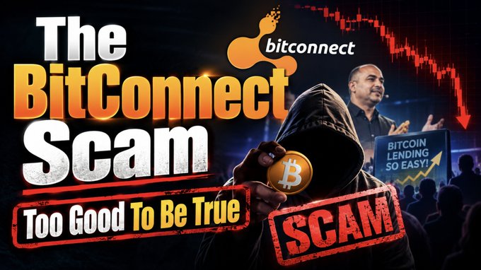 A YouTube thumbnail titled "The BitConnect Scam: Too Good To Be True," featuring a hooded figure holding a Bitcoin coin, the BitConnect logo, and an inset image of a man presenting.
